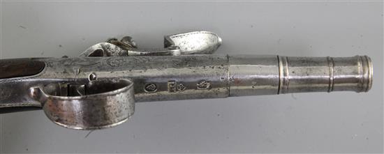 A cannon-barrelled flintlock boxlock pocket pistol, 7.75in.